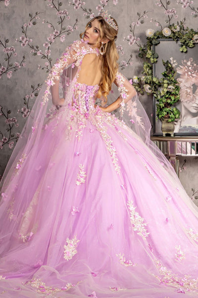 Floral Applique Cape Sleeve Ball Gown by GLS Gloria GL3467