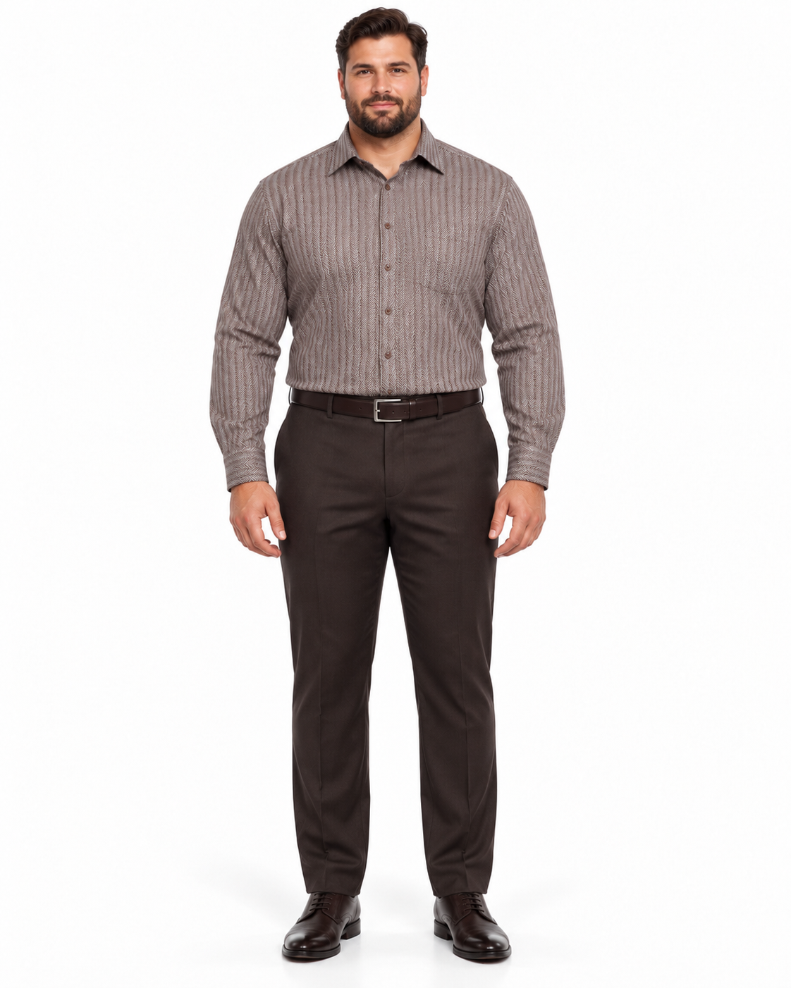 Fratello French Cuff Dark Brown - Herringbone Tweed Stripe Big and Tall Sizes 18 19 20 21 22 Inch Neck Men's Dress Shirt