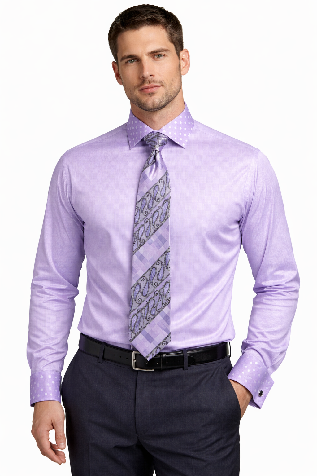 Men's Daniel Ellissa Lavender Polka Dot French Cuff Dress Shirt