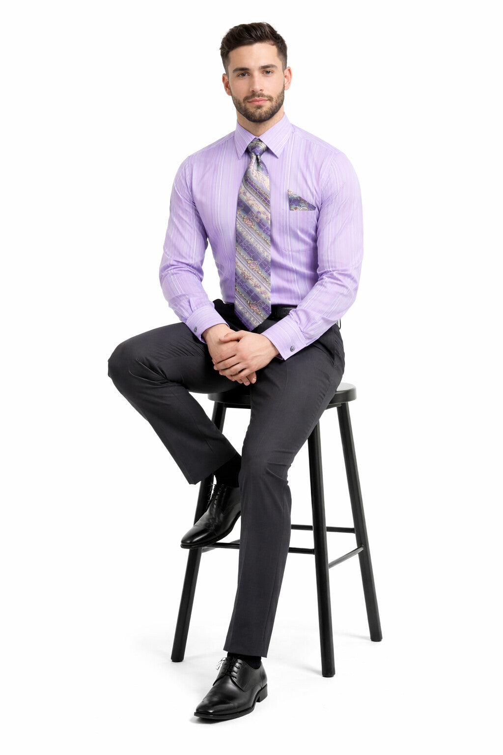 Tonal Stripe French Cuff Shirt Set - Lavender