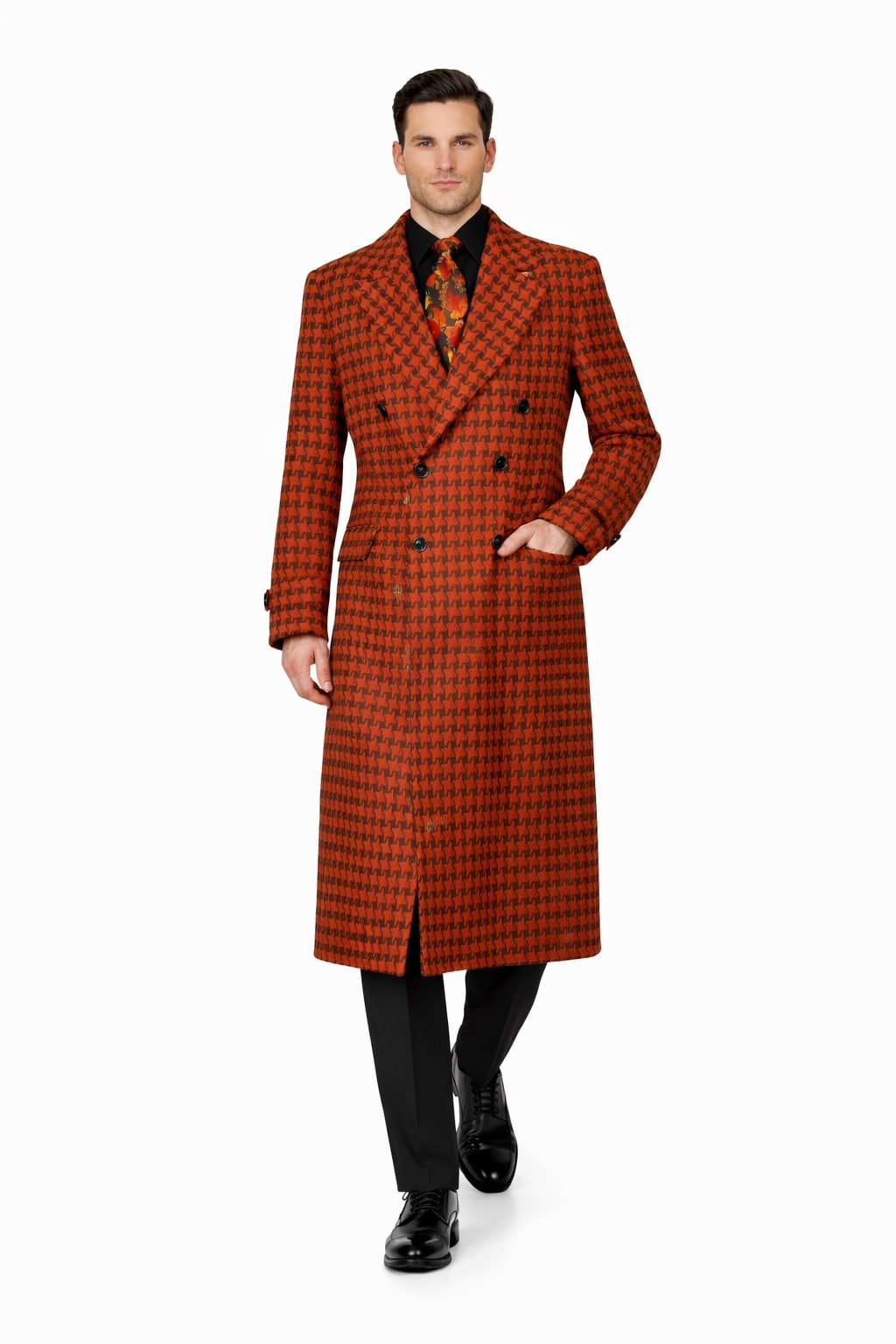 Men's Full Length Top Coat - Wide Fashion Lapel Rust Houndstooth