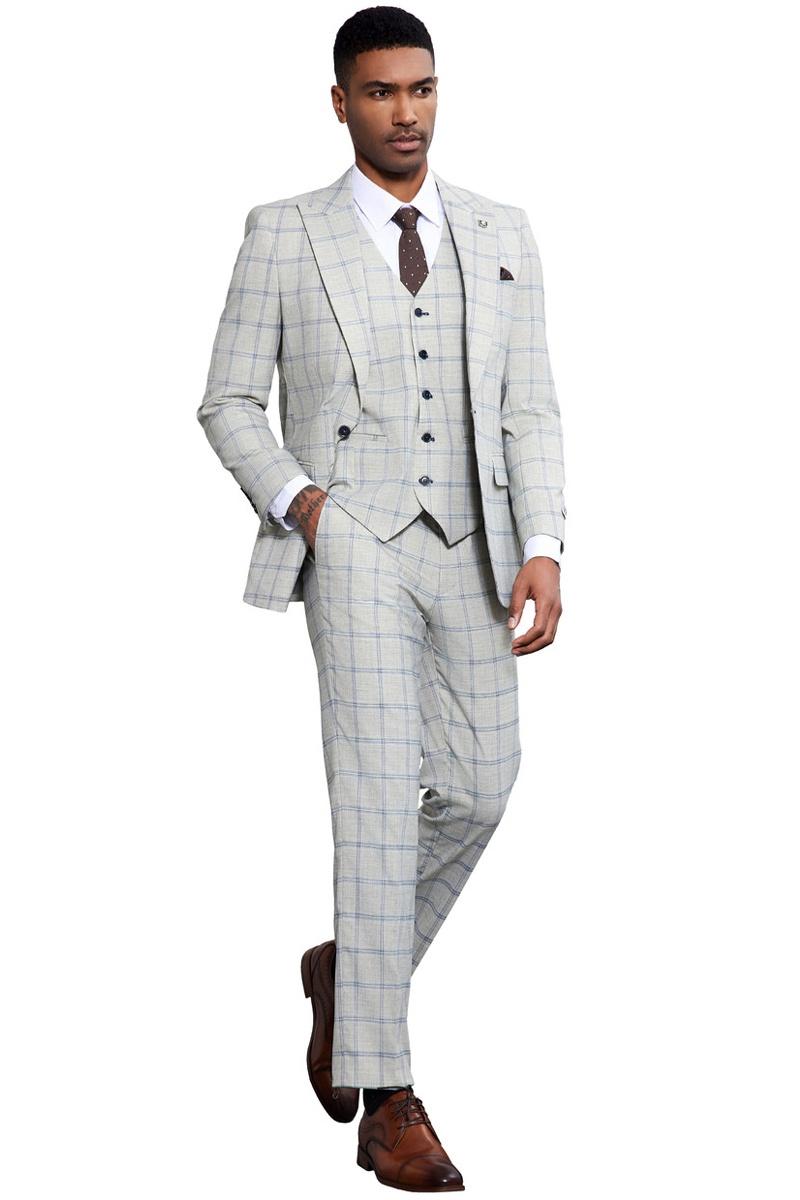 Stacy Adams Grey & Blue Windowpane Plaid Suit