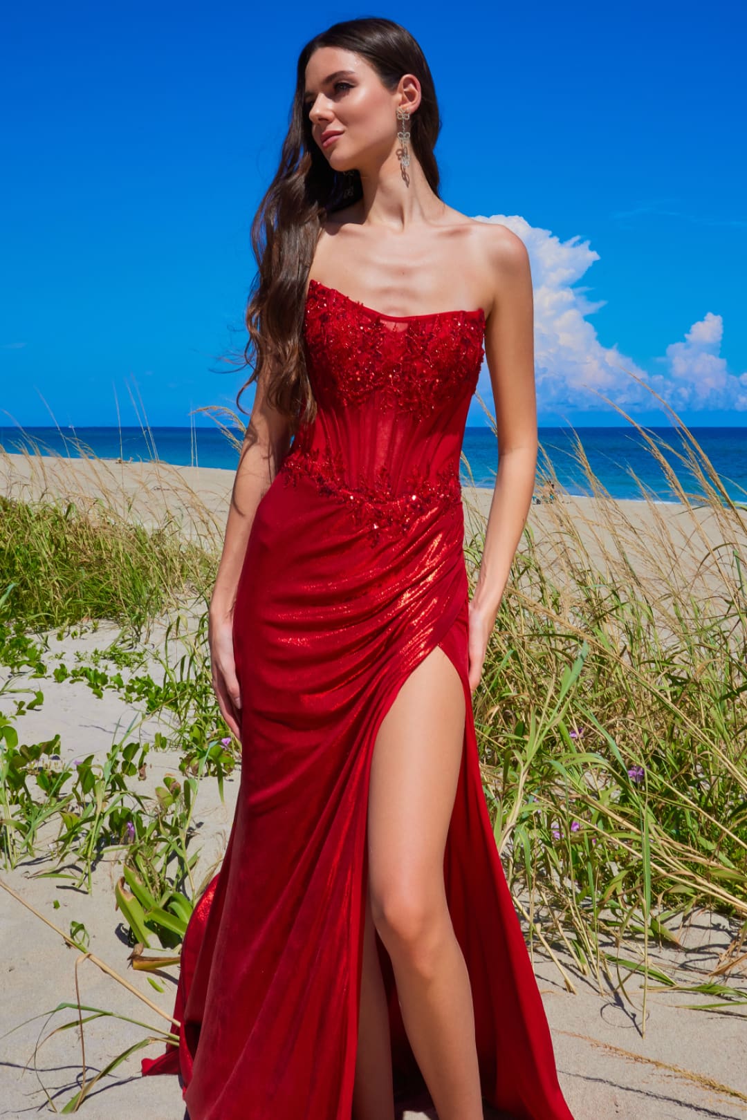 Gala Dress Strapless Ruched Side slit Formal Gown By Amelia Couture 9055