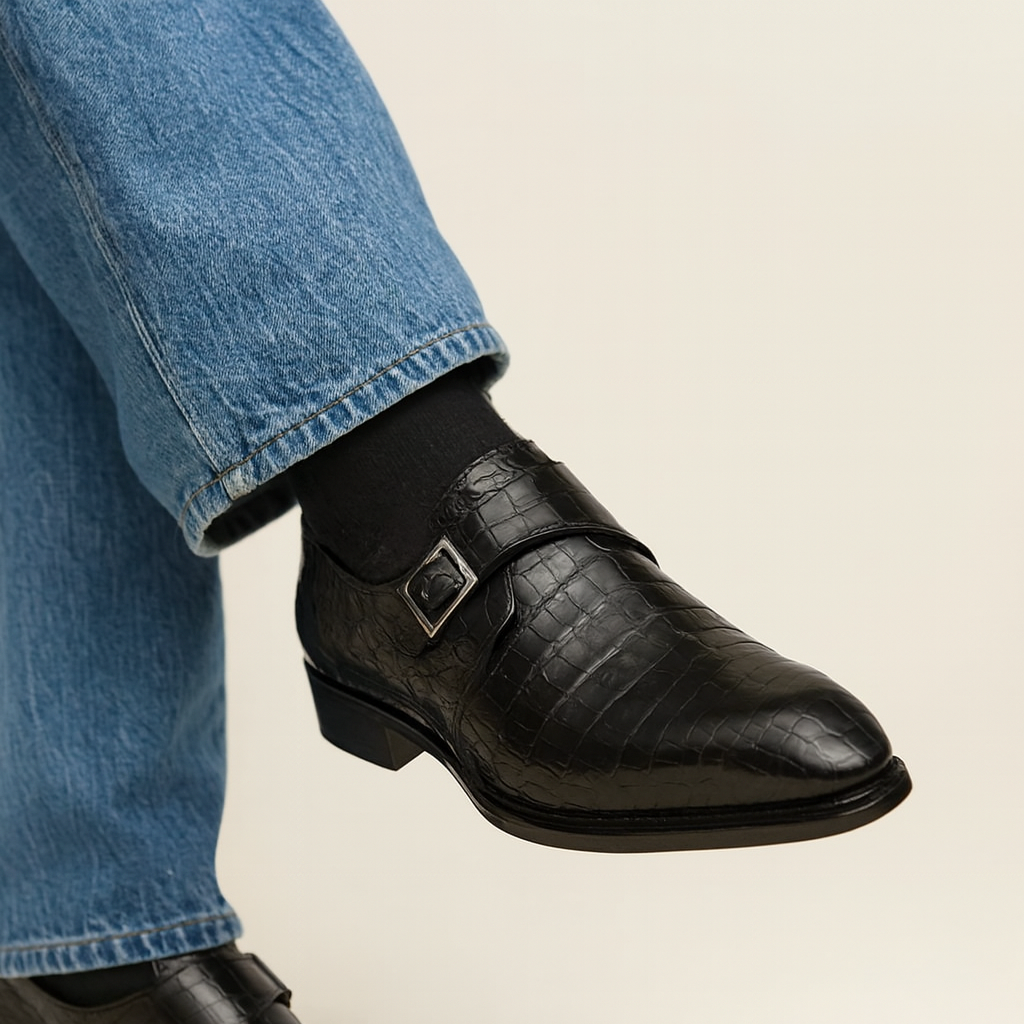 Gigolo Black Crocodile Single Monk-Strap Loafers