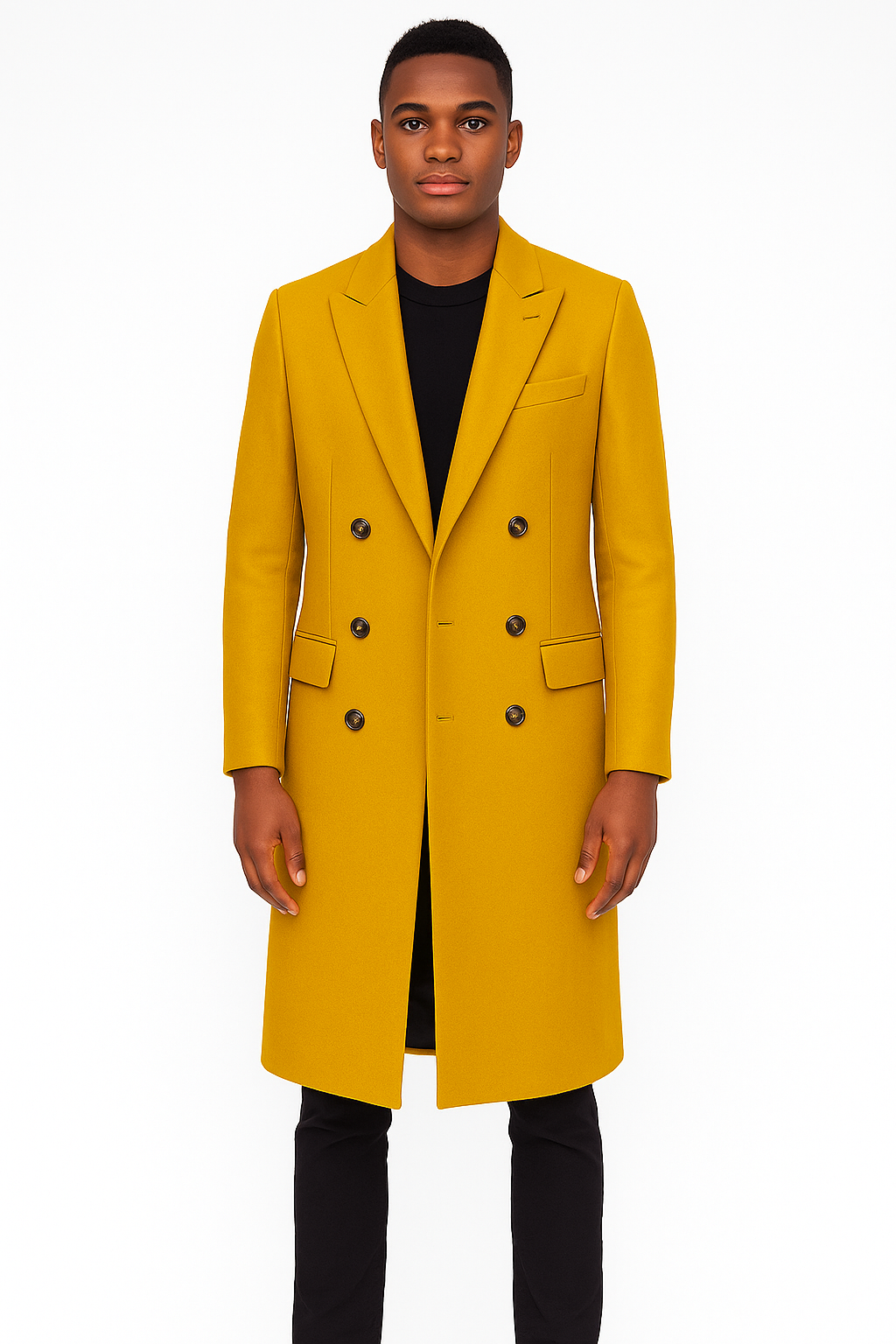 Gold Double Breasted 44-Inch Wool Overcoat