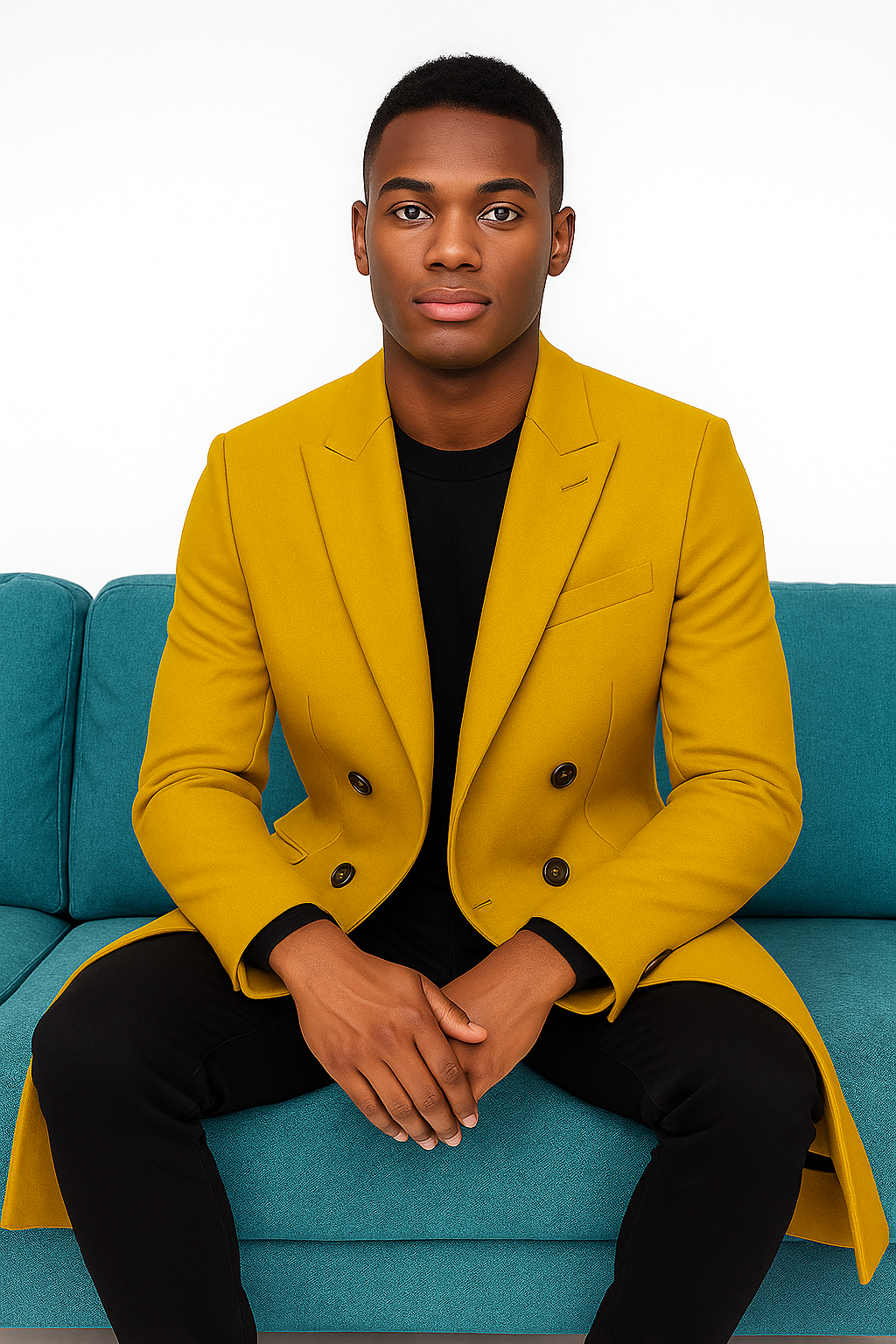 Gold Double Breasted 44-Inch Wool Overcoat