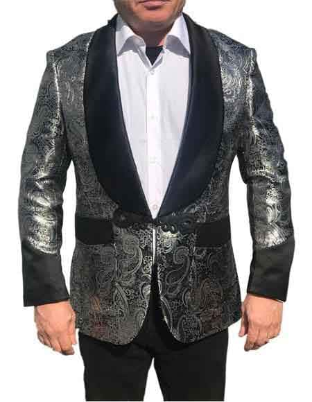 Gray/Black 1 Button Black Shawl Lapel Blazer