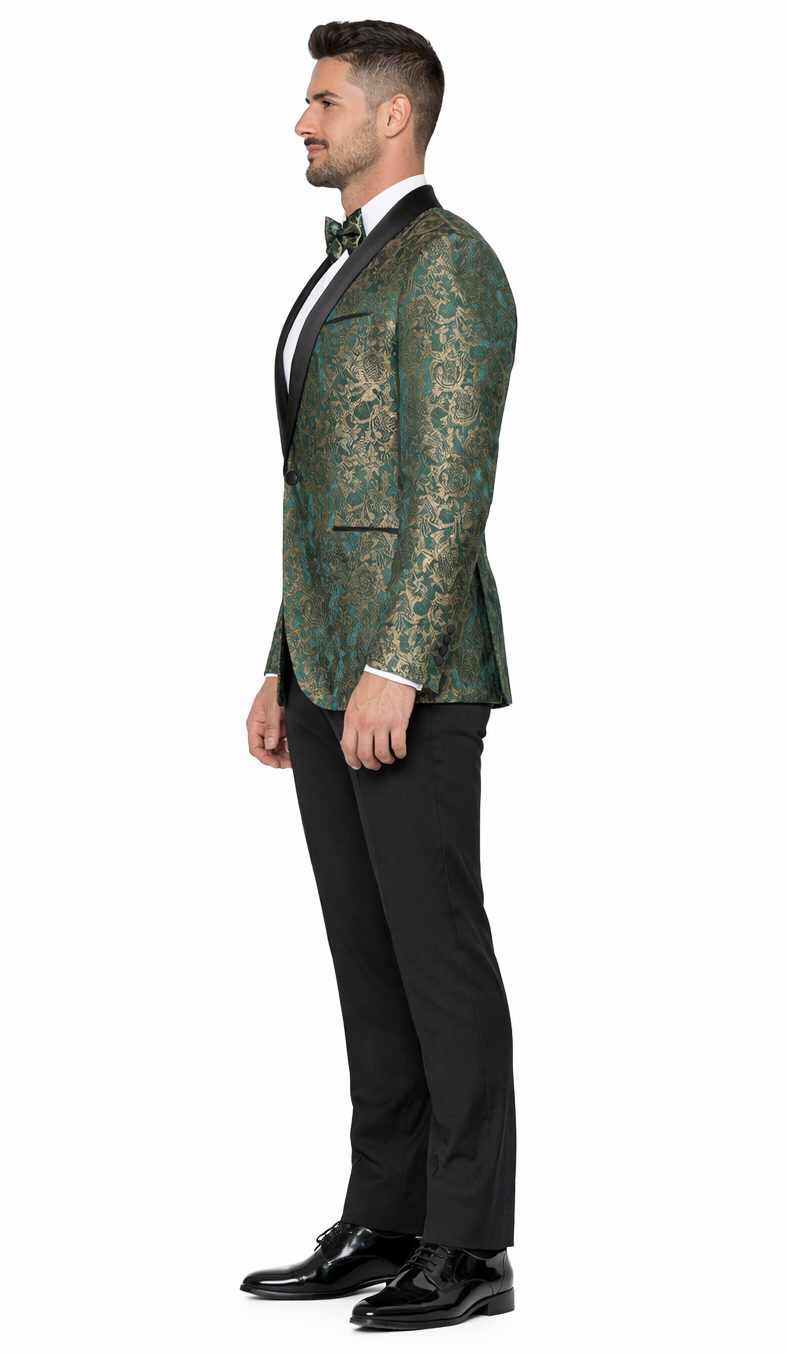 Green & Gold Pattern Tuxedo 4-Piece Set with Shawl Lapel – Wedding & Prom