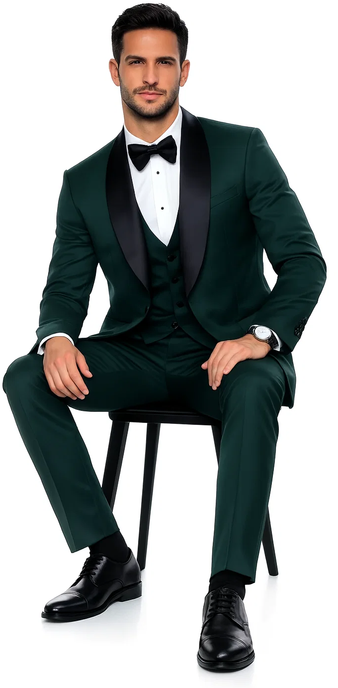 Green Slim Fit Tuxedo with Large Black Shawl Lapel – 3 Piece Wedding & Prom Set
