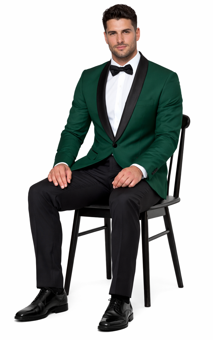 Green Tuxedo Jacket with Black Satin Shawl Lapel – Slim Fit