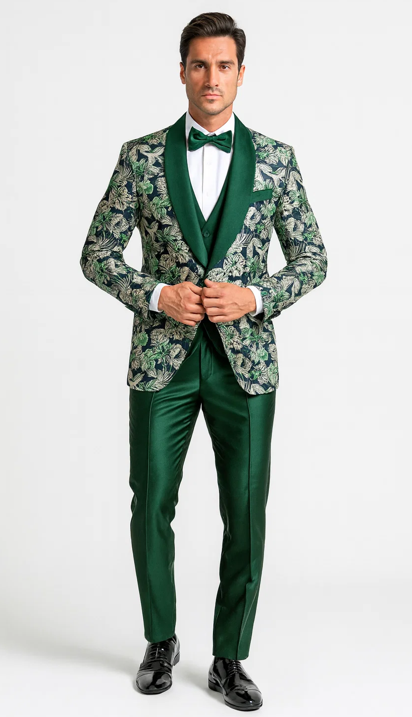 Green Tuxedo with Floral Pattern Four Piece Set - Wedding - Prom