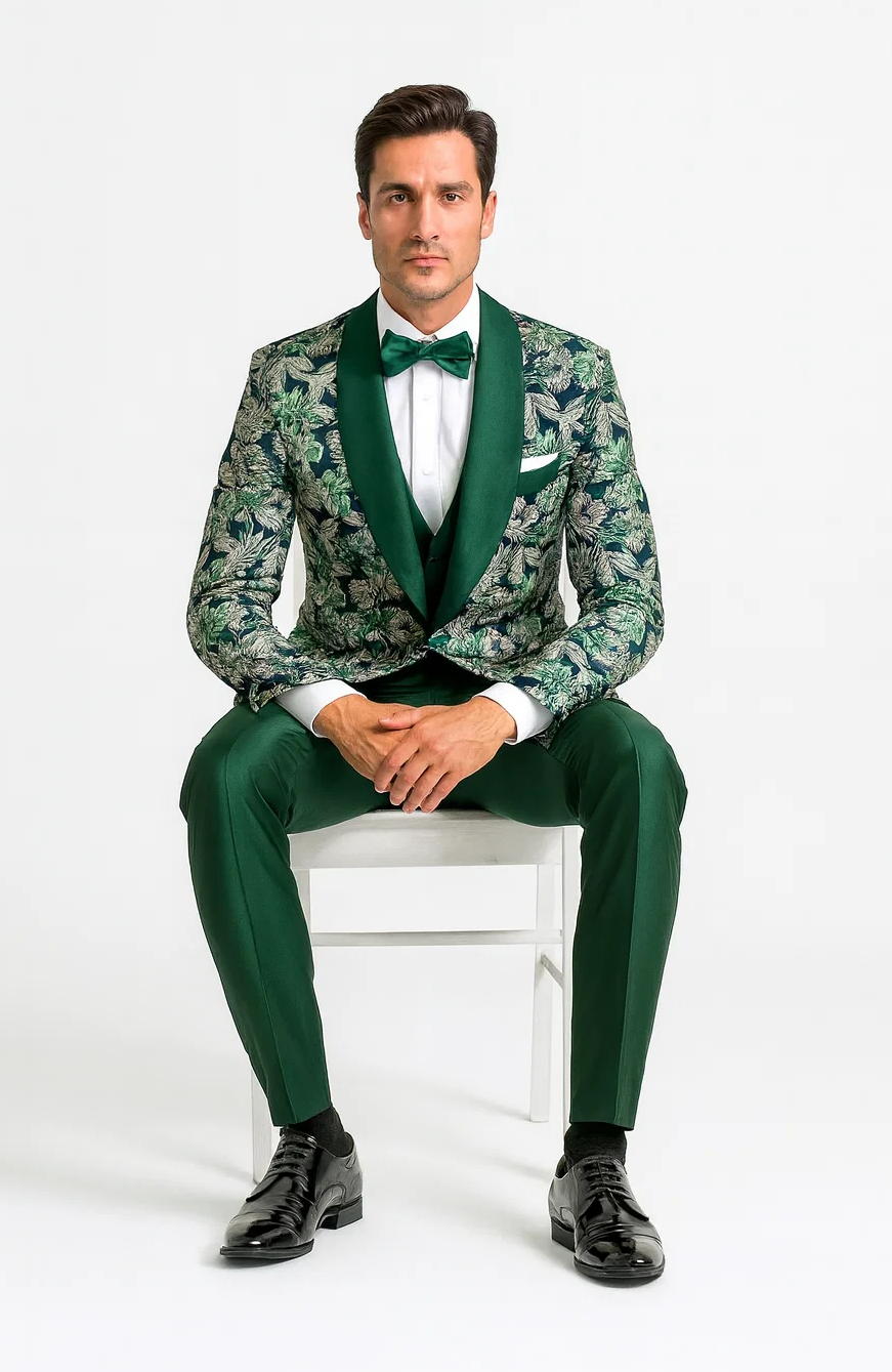 Green Tuxedo with Floral Pattern Four Piece Set - Wedding - Prom