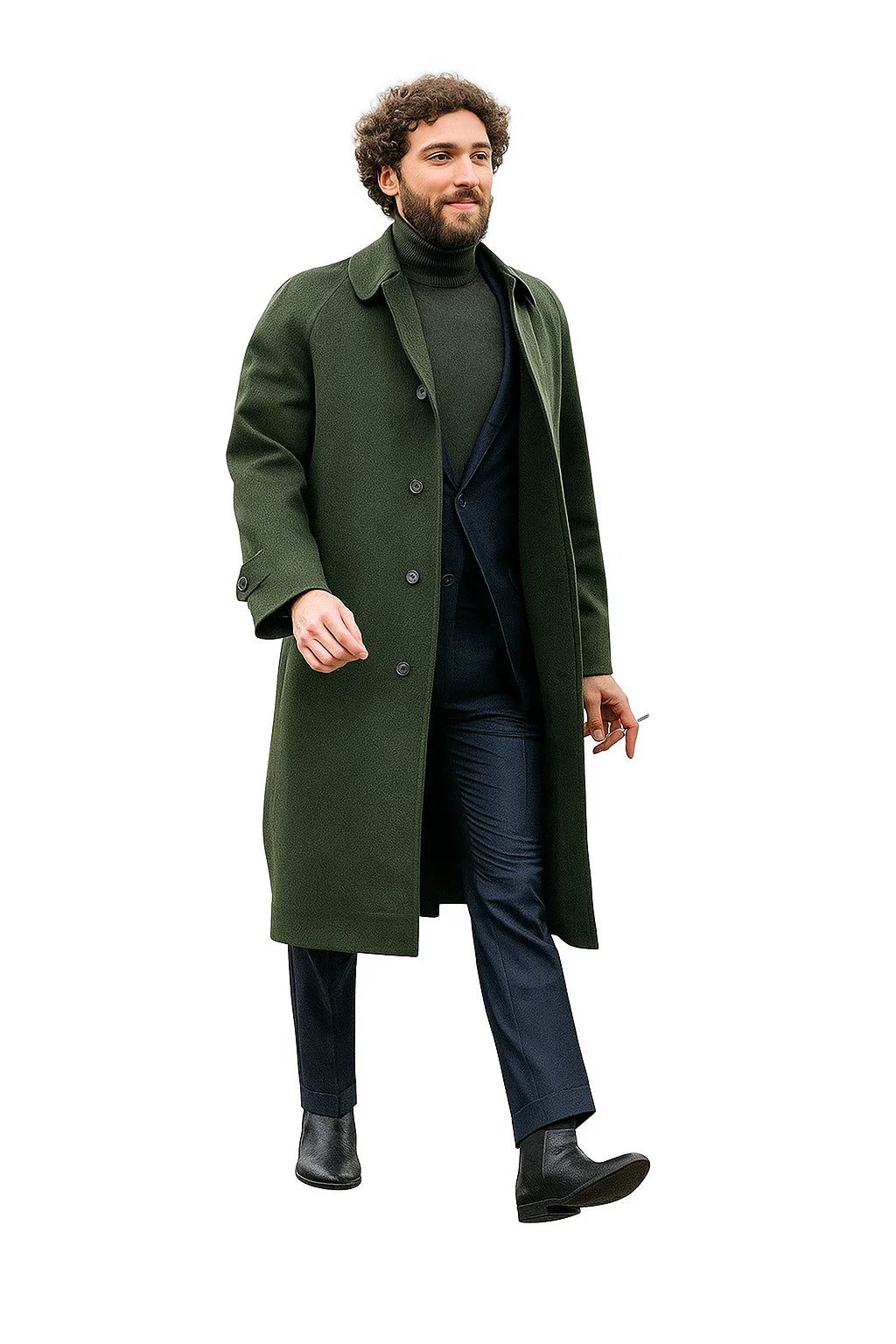 Men’s Olive Green Wool Overcoat Outfit – Winter Business Casual Style