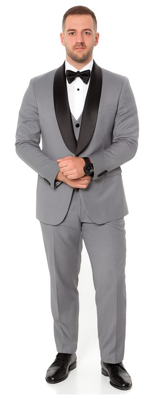 Grey Slim Fit Tuxedo with Large Black Shawl Lapel – 3 Piece Wedding & Prom Set