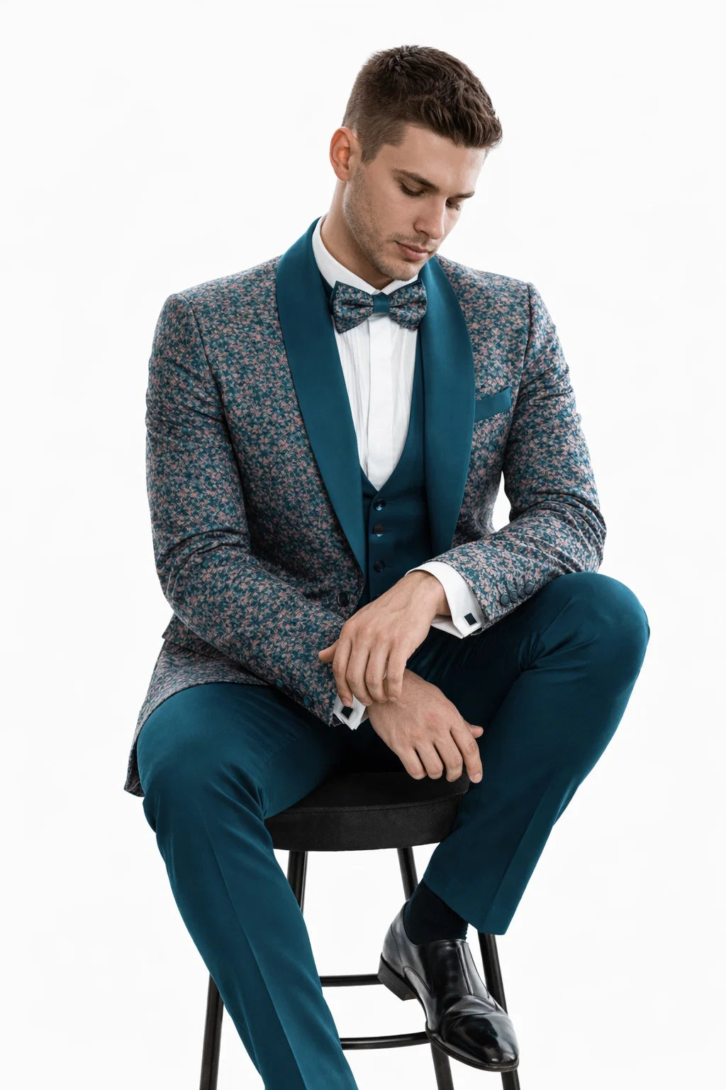 Men’s Green Splatter Print Prom Tuxedo – One Button Vintage Style with Shawl Lapel & Vest