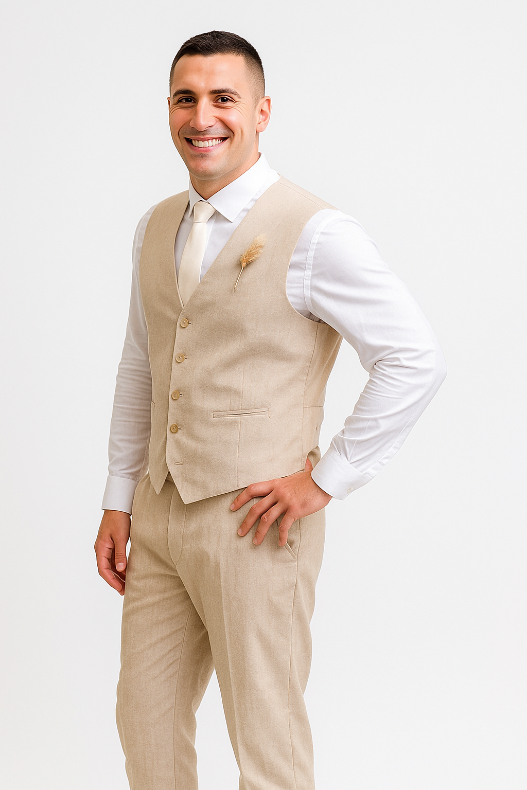 Groomsmen Linen Vest & Pants Set (No Jacket) Natural Sand Tan or Cream or White or Light Grey or Navy blue