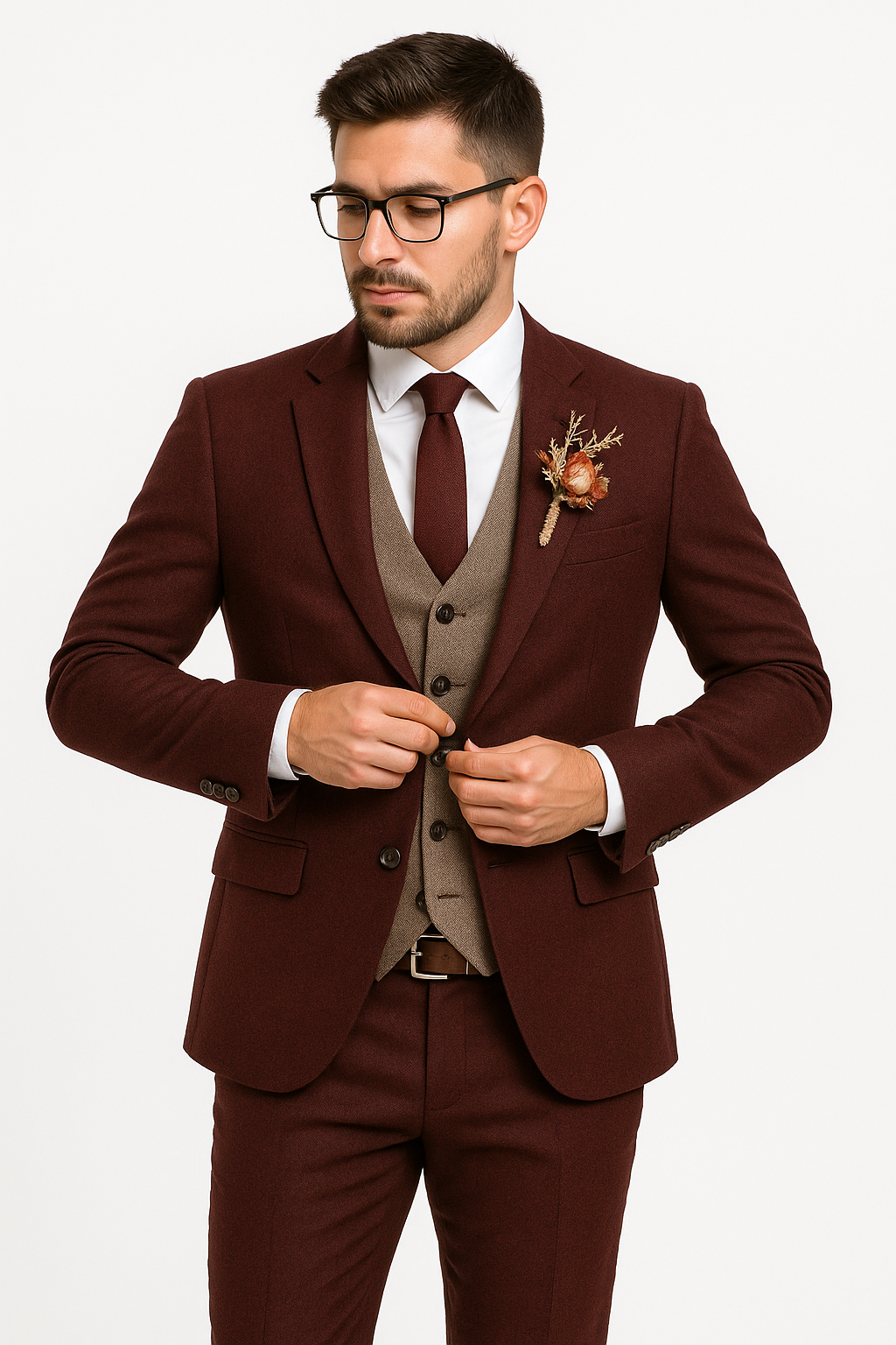 groomsmen-tweed-suit-maroon-herringbone