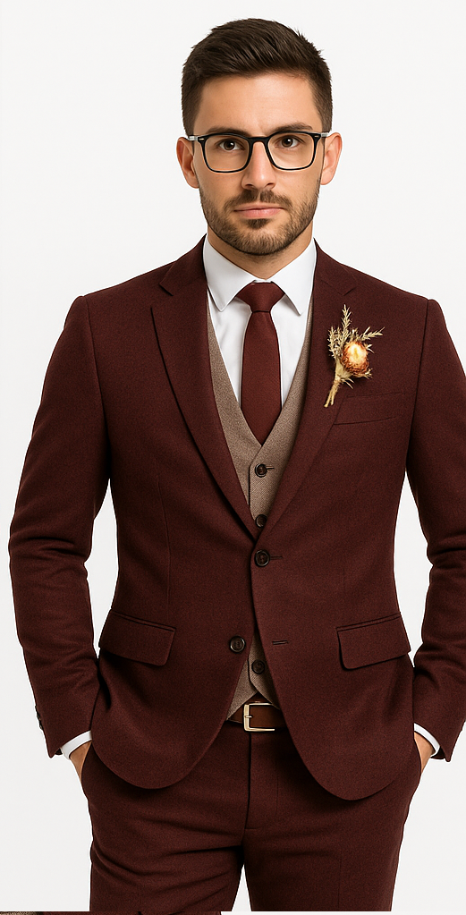 groomsmen-tweed-suit-maroon-herringbone