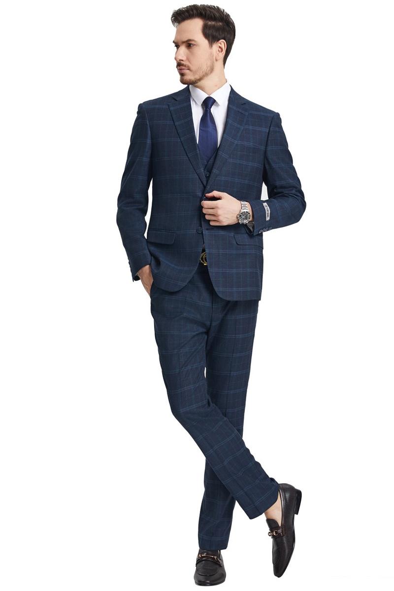 Modern Fit Windowpane Plaid Navy Suit by Stacy Adams
