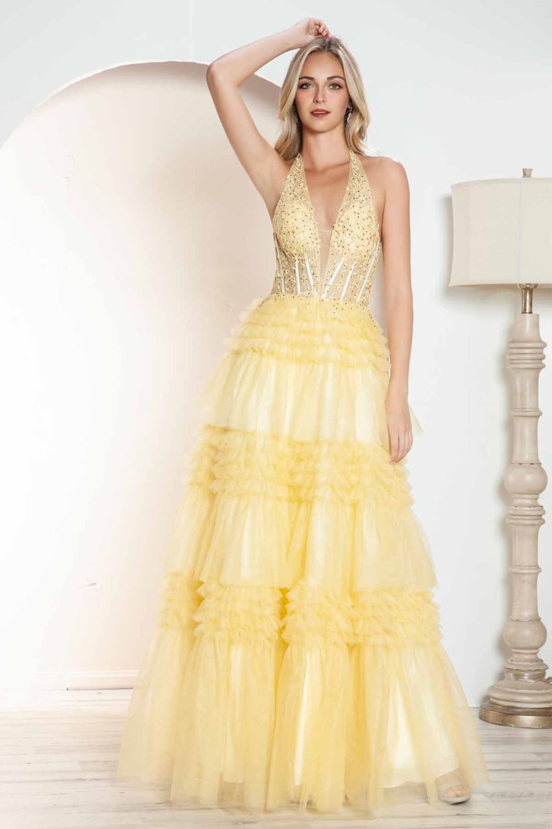 Halter Ruffled A-line Slit Gown by Juliet JT2556S