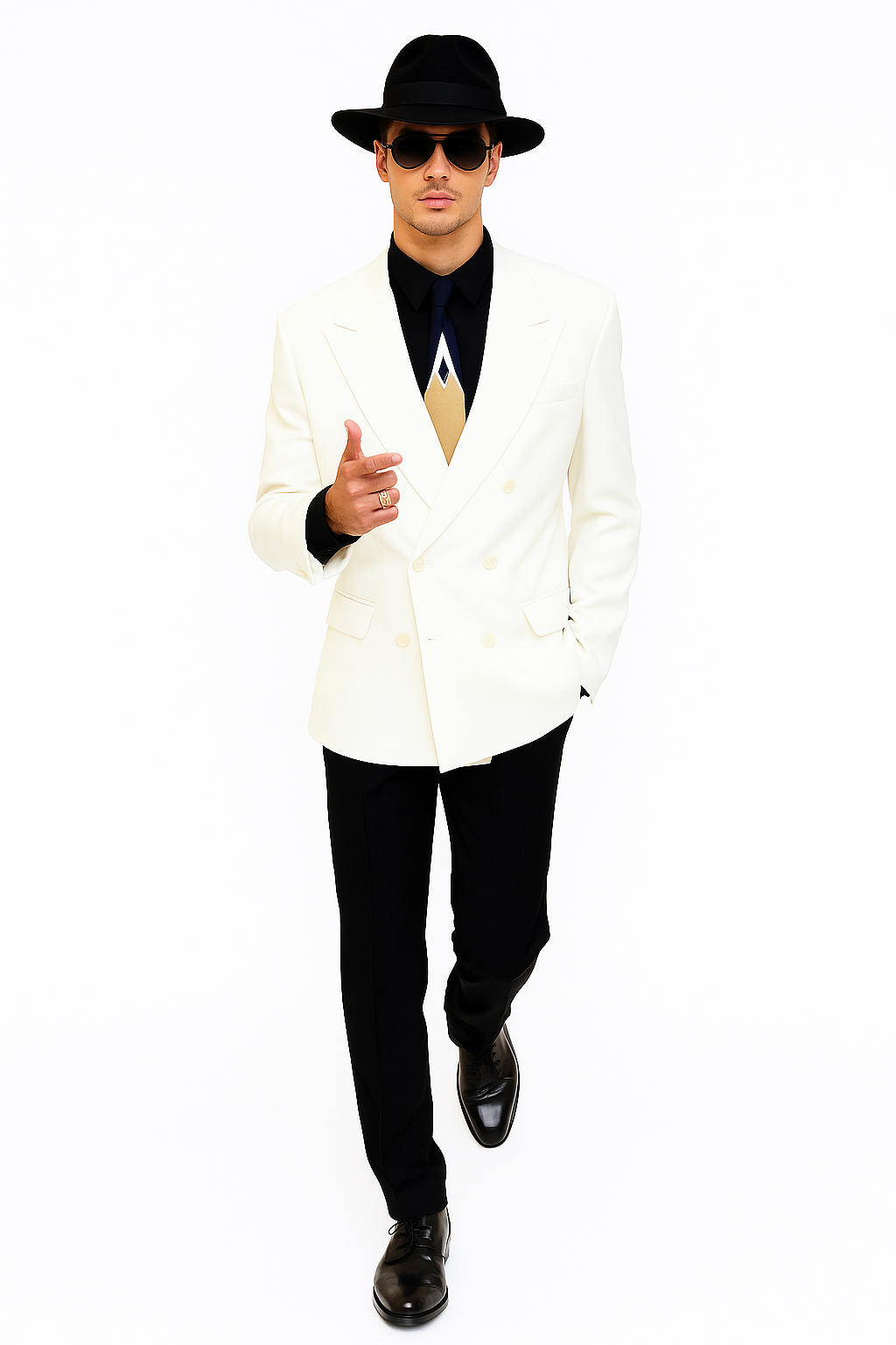 Harlem Nights Costumes Package - White Double Breasted Blazer + Black Pants + Black Hat