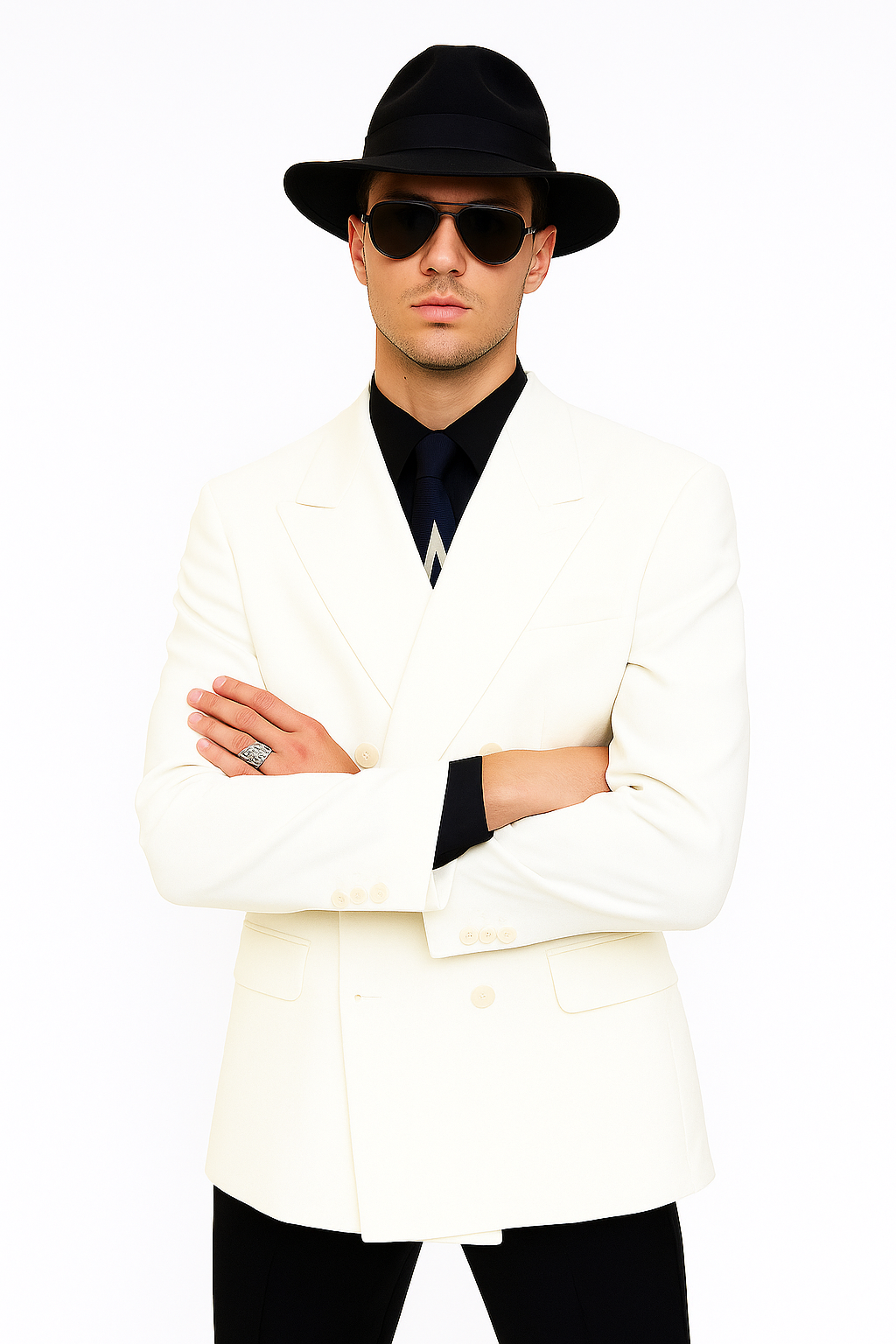 Harlem Nights Costumes Package - White Double Breasted Blazer + Black Pants + Black Hat