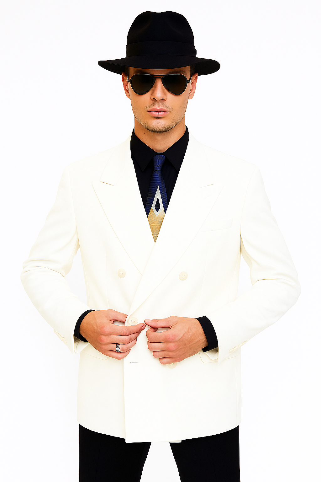 Harlem Nights Costumes Package - White Double Breasted Blazer + Black Pants + Black Hat