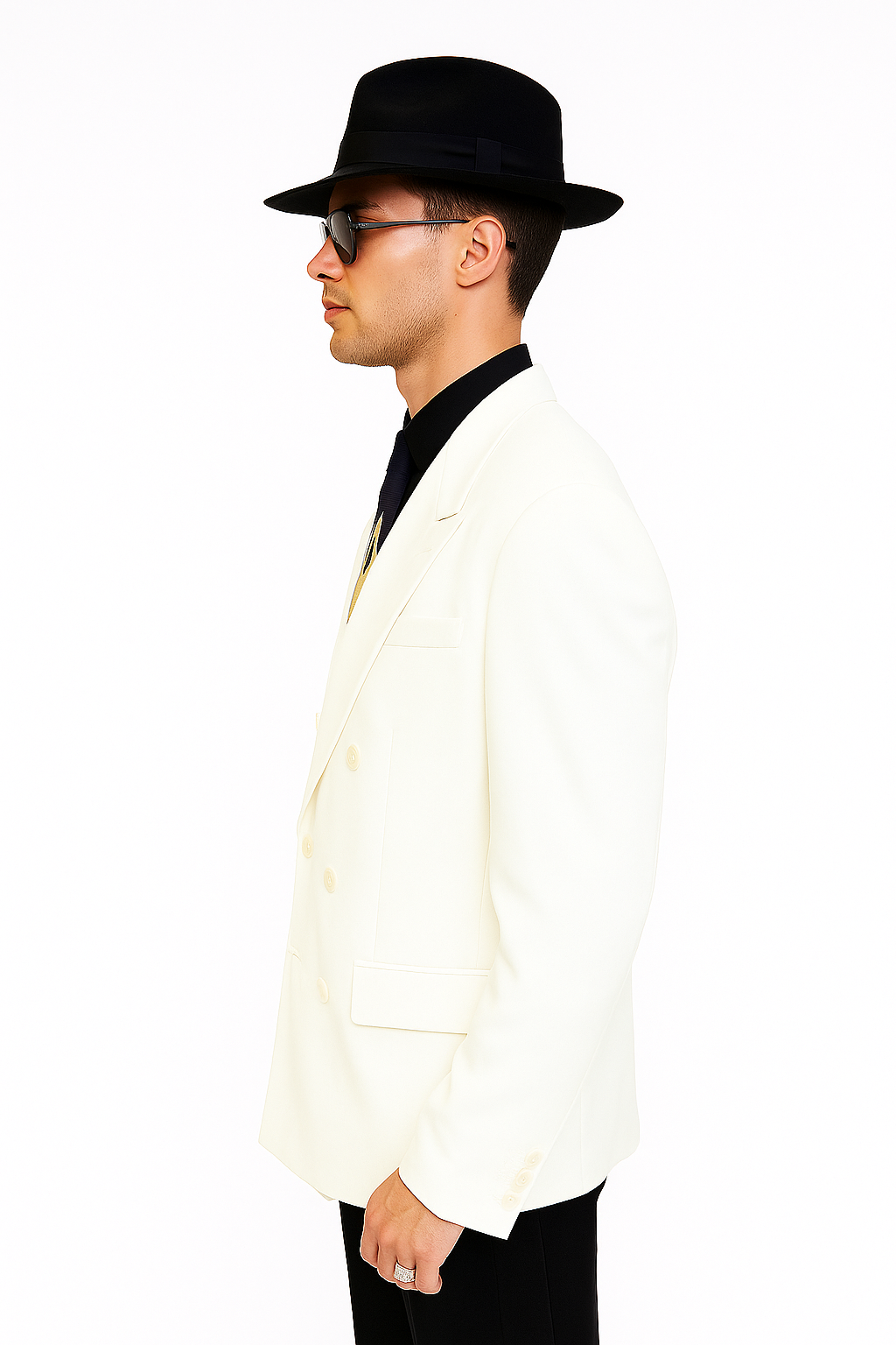 Harlem Nights Costumes Package - White Double Breasted Blazer + Black Pants + Black Hat