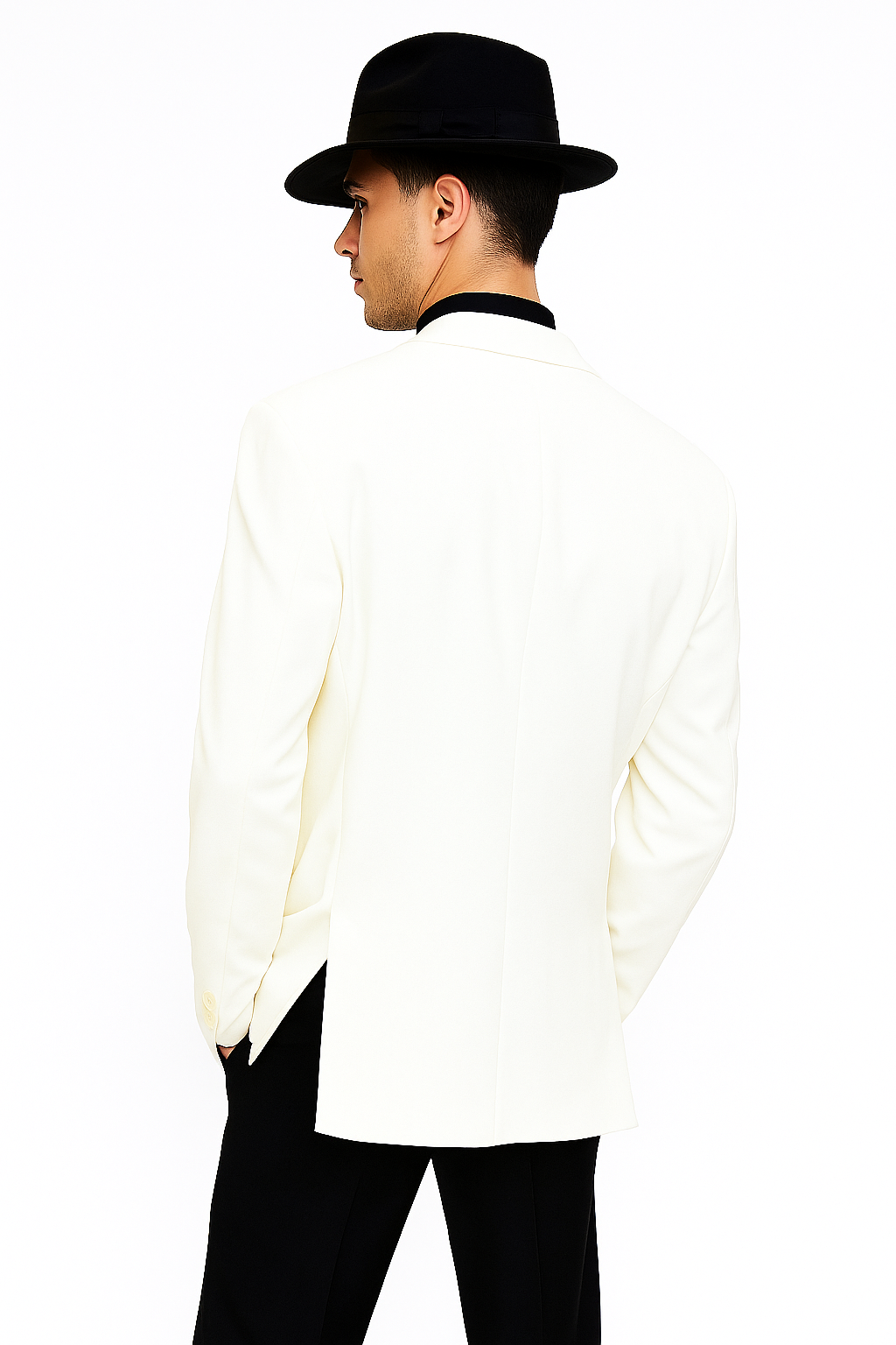 Harlem Nights Costumes Package - White Double Breasted Blazer + Black Pants + Black Hat