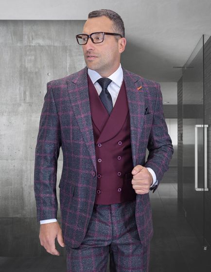 Statement Men’s 100% Wool 3-Piece Suit – Modern Fit with Wide Peak Lapel