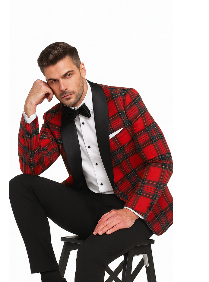 Holiday Blazer - Christmas Sport Coat - Red Christmas Fabric Plaid Blazer By Alebrtonardoni