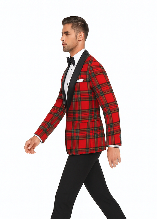 Holiday Blazer - Christmas Sport Coat - Red Christmas Fabric Plaid Blazer By Alebrtonardoni