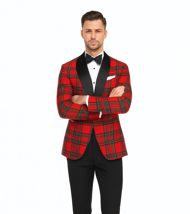 Holiday Blazer - Christmas Sport Coat - Red Christmas Fabric Plaid Blazer By Alebrtonardoni
