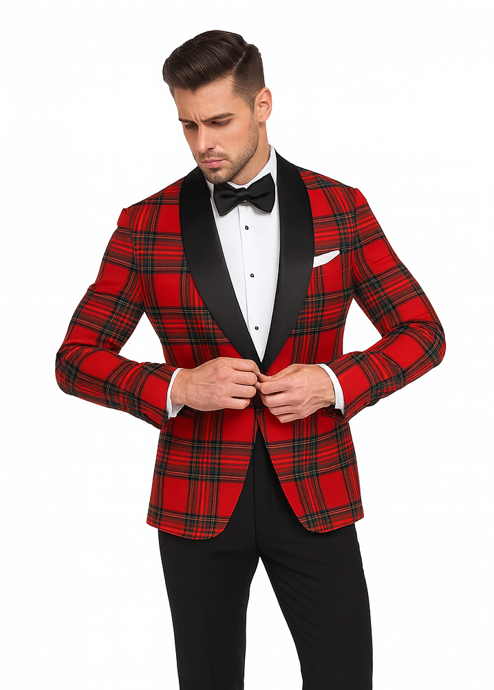 Holiday Blazer - Christmas Sport Coat - Red Christmas Fabric Plaid Blazer By Alebrtonardoni