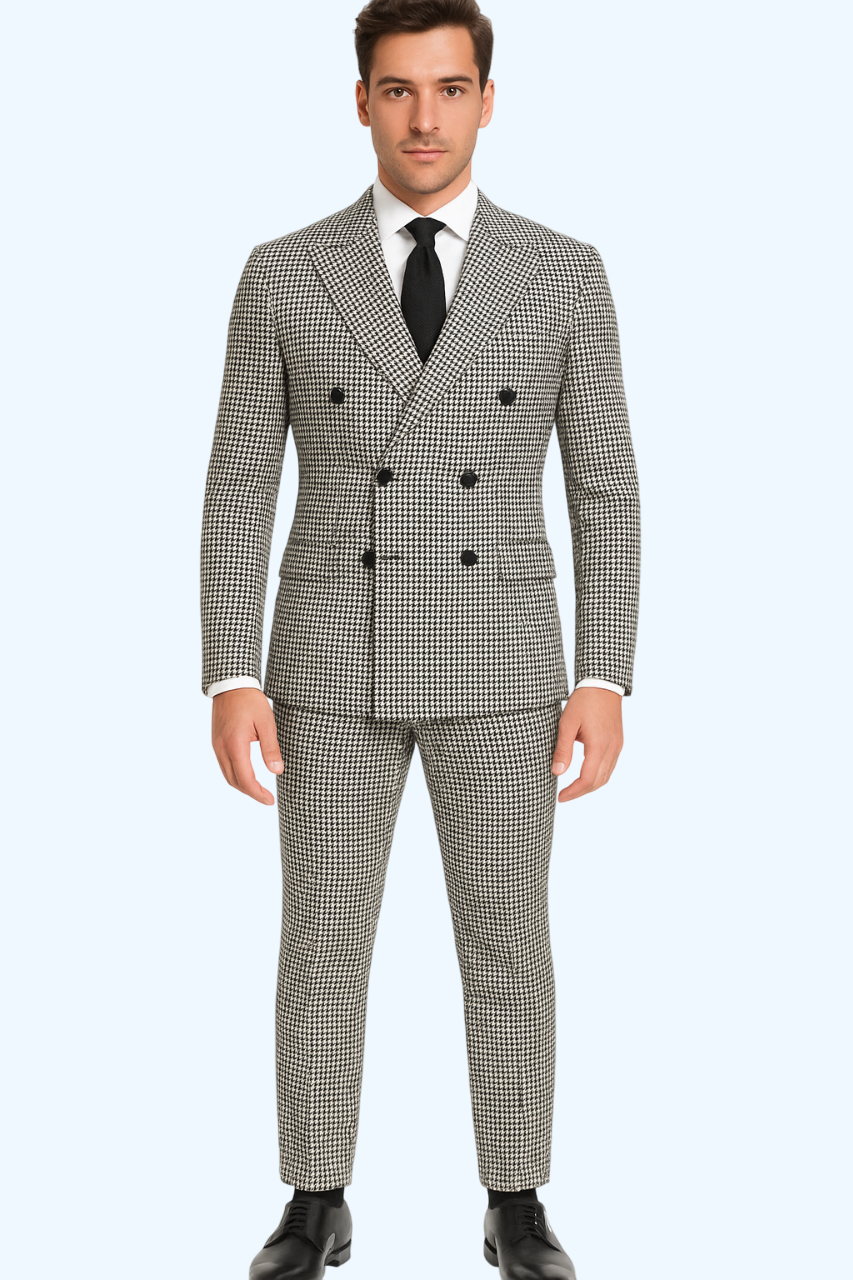 Houndstooth Double Breasted Suit - Wool Fabric Black and White Patterned Checkered Suit