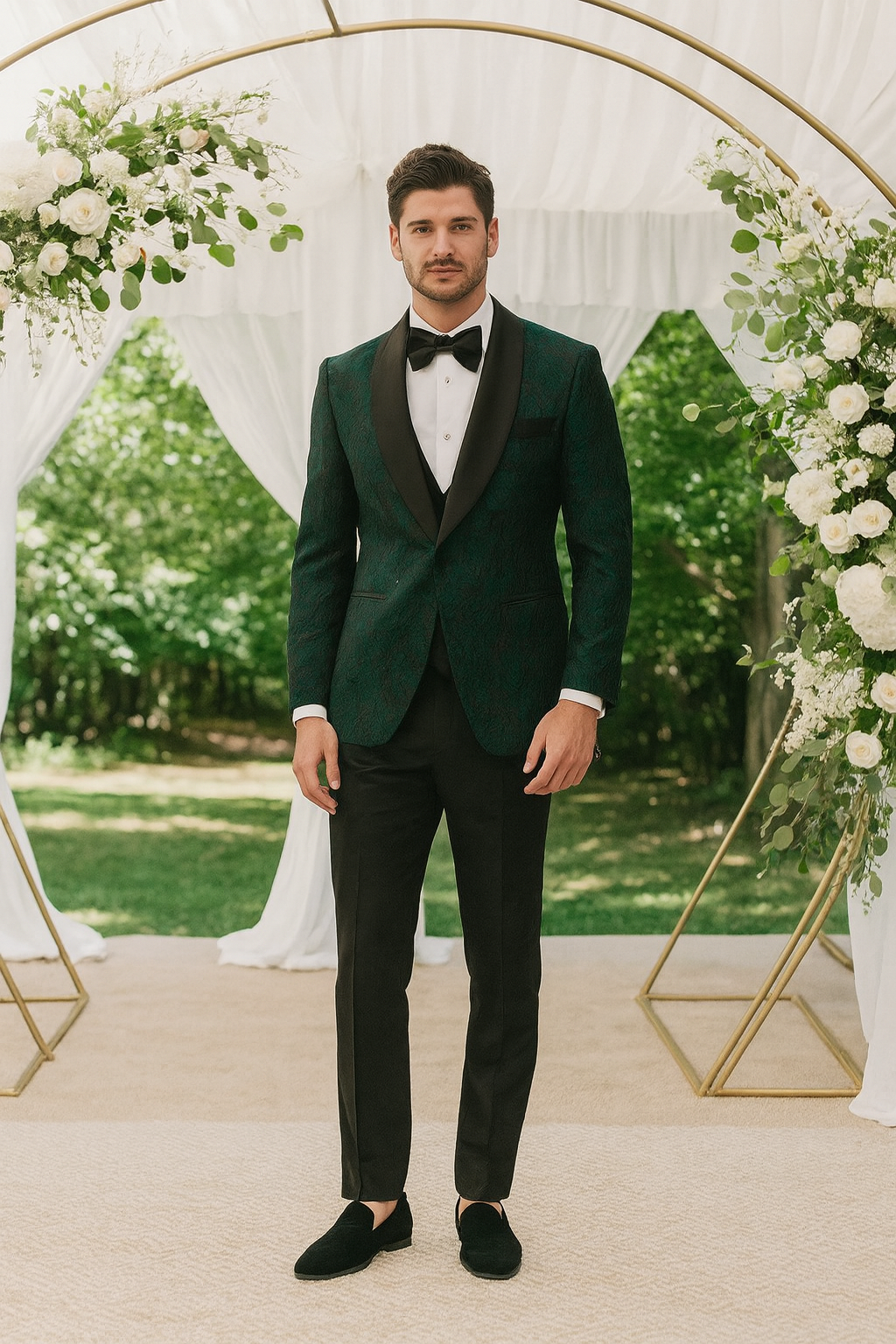 Hunter Green Floral Tuxedo with Shawl Lapel – 4 Piece Slim Fit Set