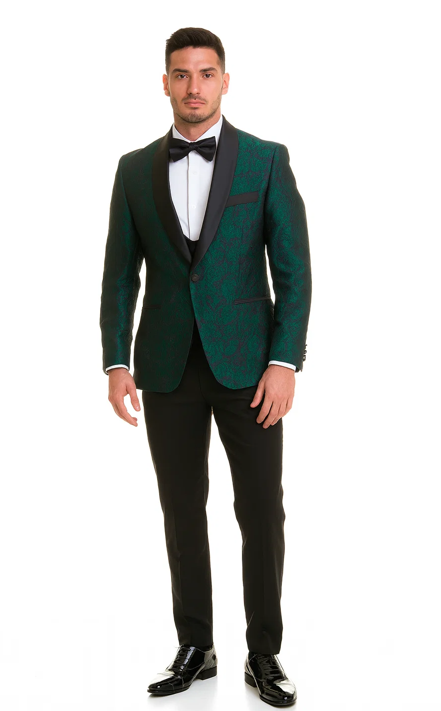 Hunter Green Floral Tuxedo with Shawl Lapel – 4 Piece Slim Fit Set