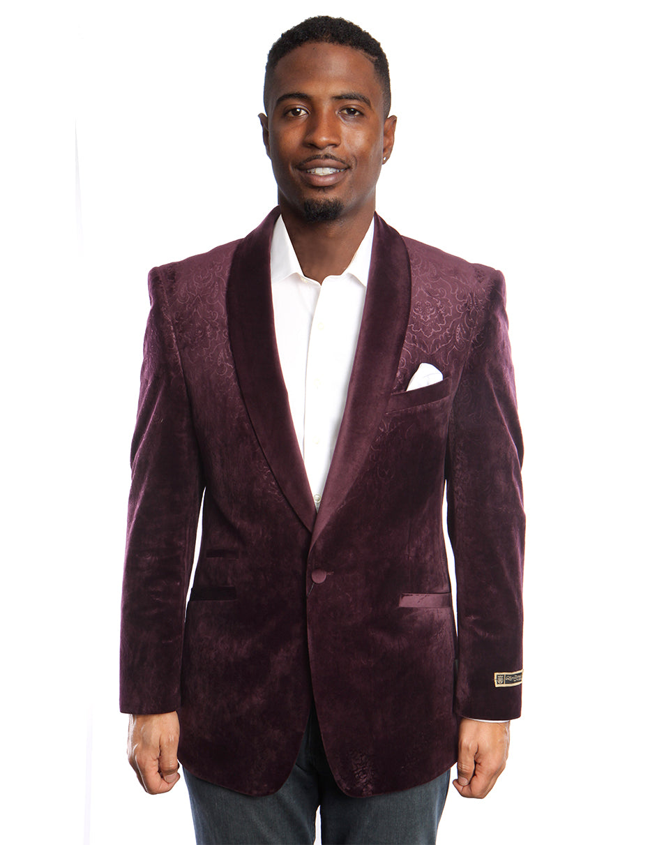 Burgundy Paisley Velvet Shawl Blazer for Men
