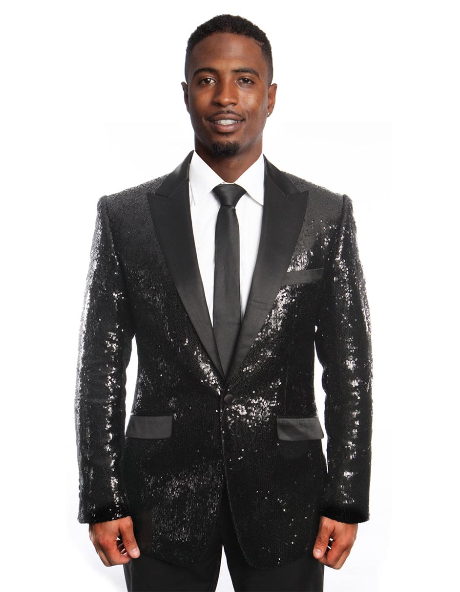 Black Sequin Tuxedo Blazer by Rossiman