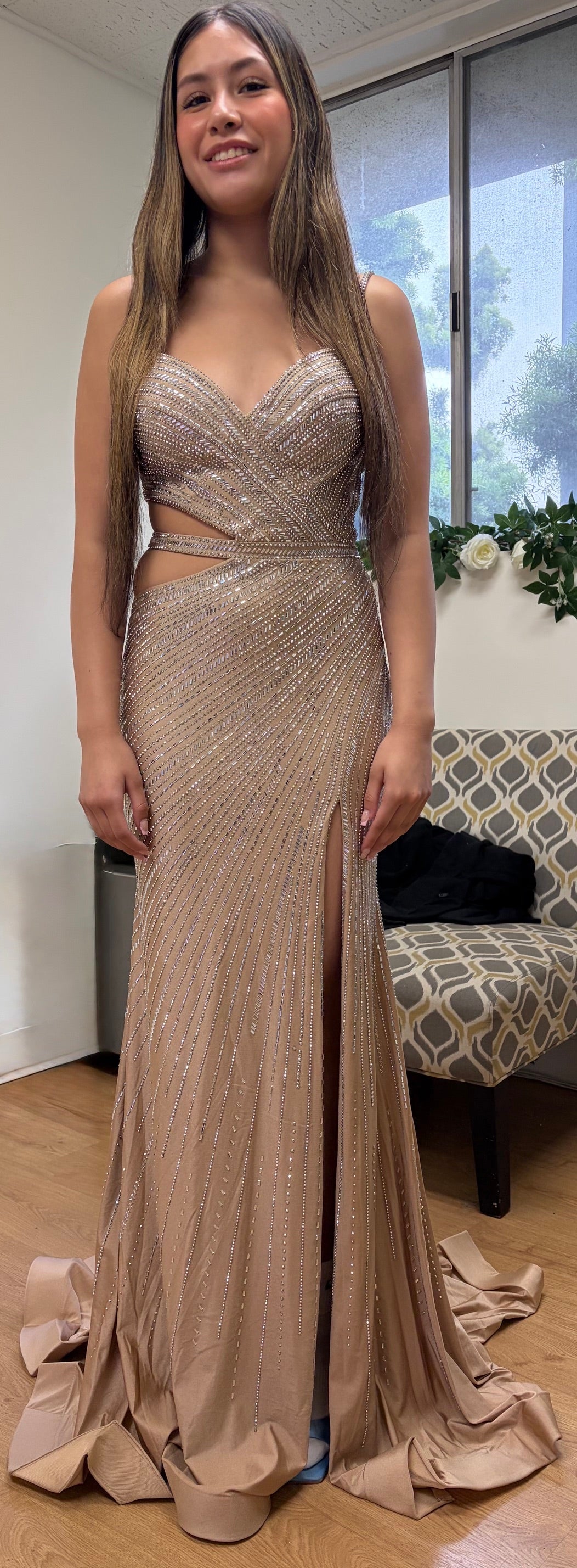 Sparkling Sequin Cutout Evening Gown with High Slit Spaghetti Strap Mermaid Dress by Royal Queen RQ-8219