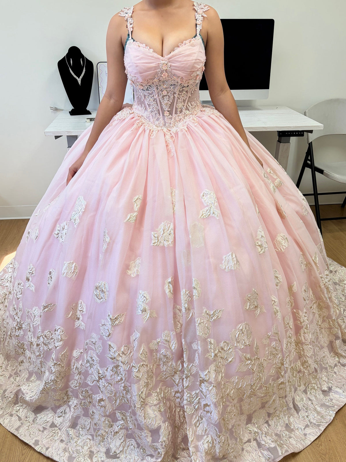 Layla K LK256 Sheer Bodice Floral Sleeveless Blush Quinceanera Gown
