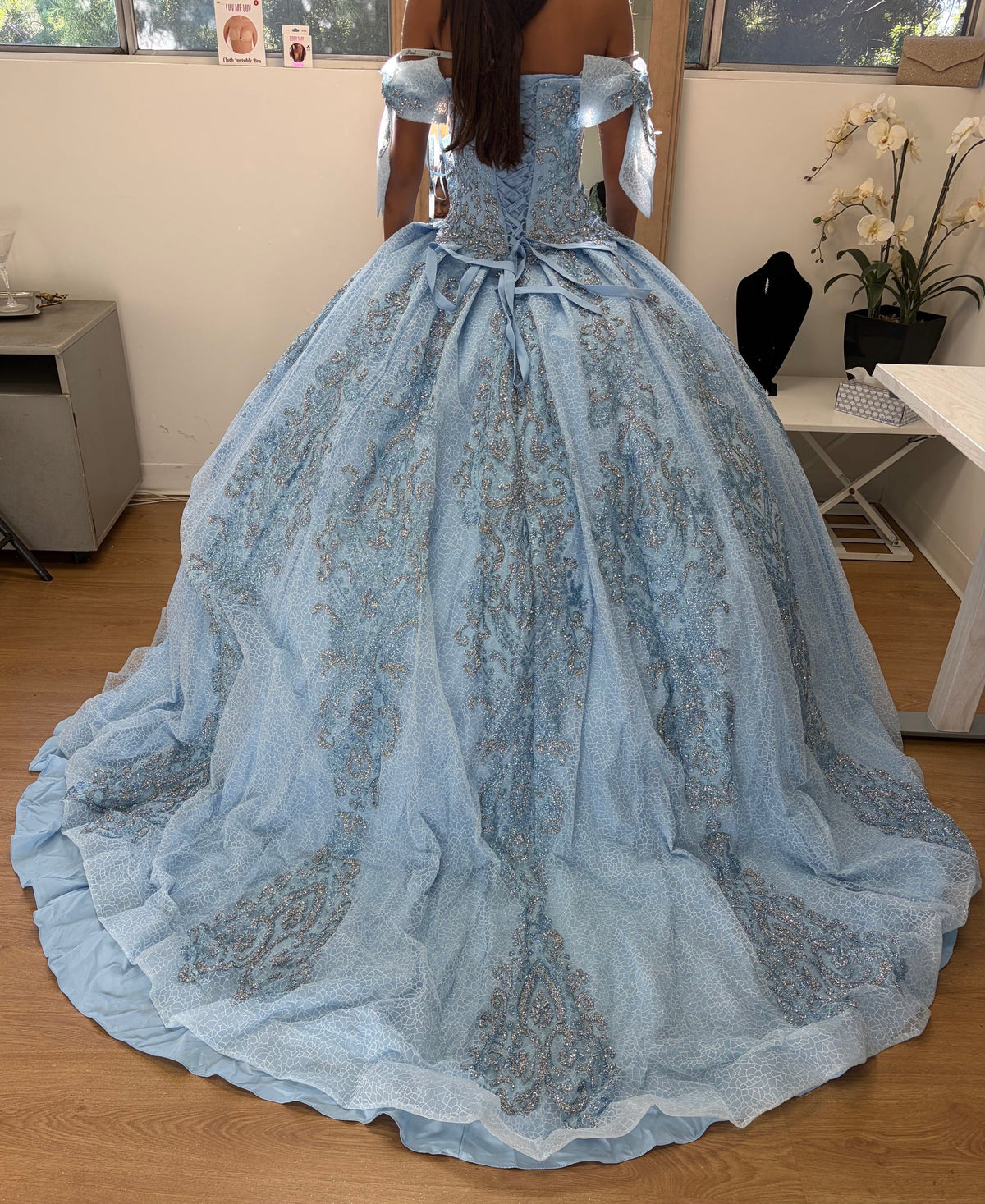 Layla K LK241 Off-Shoulder Glitter Bow Accent Quince Ball Gown