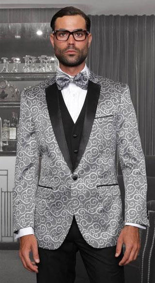 Lapel Tuxedo Vested Style Shiny Silver Swirl Pattern Three Piece New Fashion Casino Suits Flat Front Pants For Men