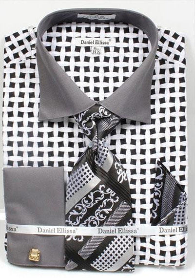 Daniel Ellissa Bright Black/White Net Pattern Two Tone French Cuff Big and Tall Sizes Black Collar Two Toned Contrast 18 19 20 21 22 Inch Neck Men's Dress Shirt