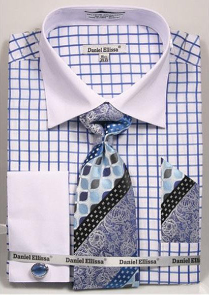 French Cuff Blue White Collar Big and Tall Sizes Dress Shirt
