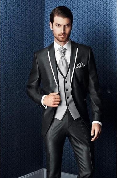 Men's Shiny Flashy Black Tuxedo With White Trim Two Toned Lapel Suit Flat Front Pants Regular Cut