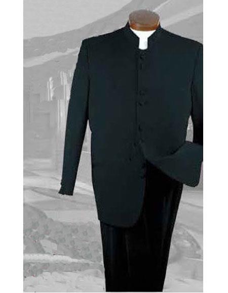 Men's Button Closure Poly Gabardine Pleated Pants Black 2 Piece Suit