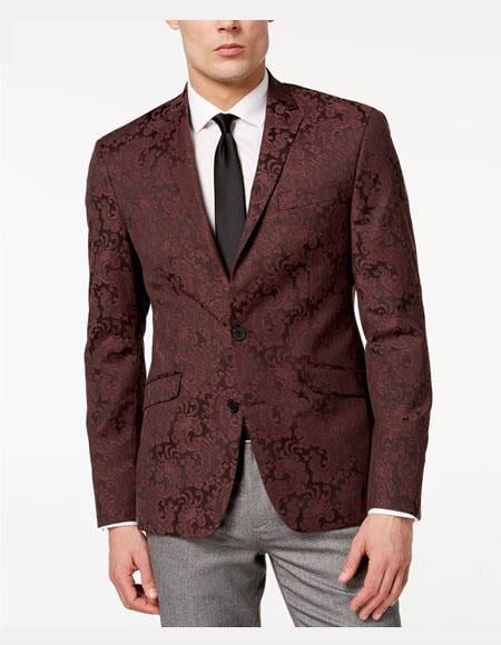 Men's Slim Fit Paisley Pattern Burgundy Jacket