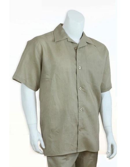 Men's 100% linen Casual Two Piece Mens Walking Outfit For Sale Pant Sets set (short sleeve shirt & long pant) Khaki ~ Taupe Color