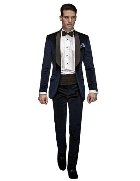 Men's Navy Blue Buttons Closure Shawl Lapel Velvet Tuxedo